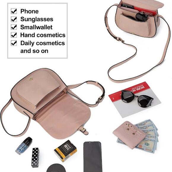 New Saddle Crossbody Bag Dusty Pink Vegan Leather 7" H x 3" W x 9" L - Picture 3 of 6